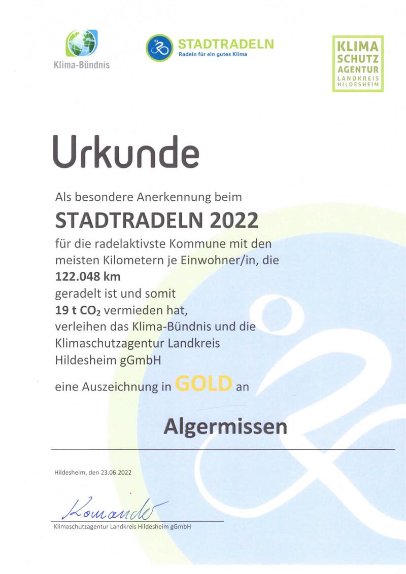 Urkunde STADTRADELN 2022